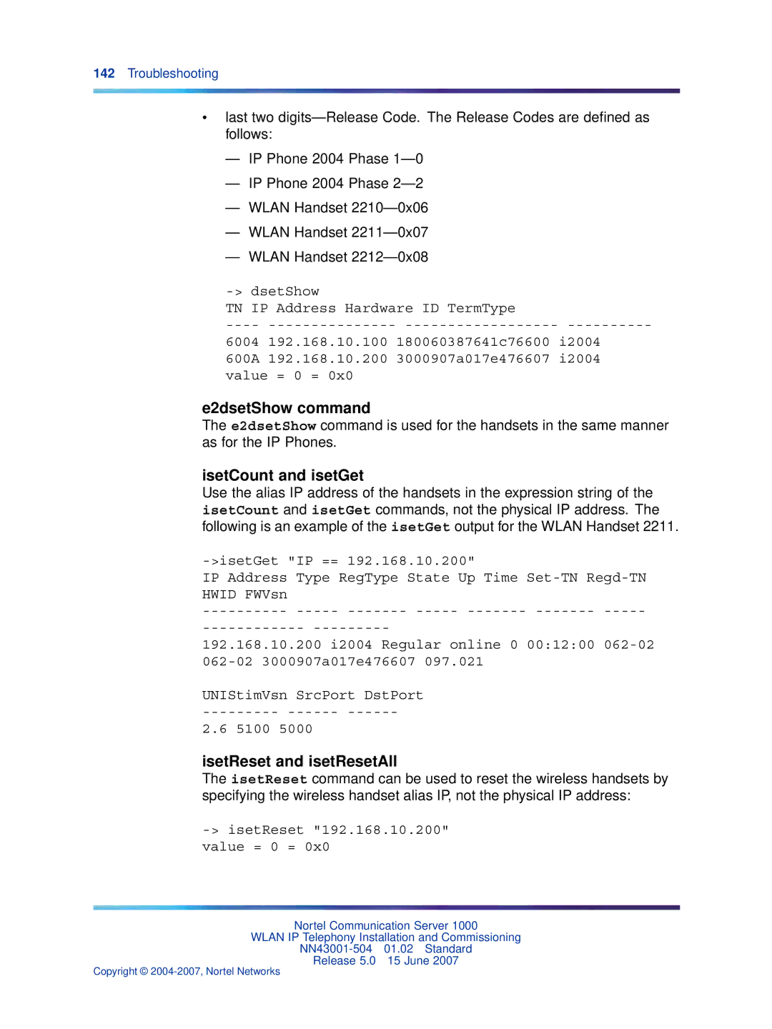 Nortel Networks NN43001-504 manual E2dsetShow command, IsetCount and isetGet, IsetReset and isetResetAll 