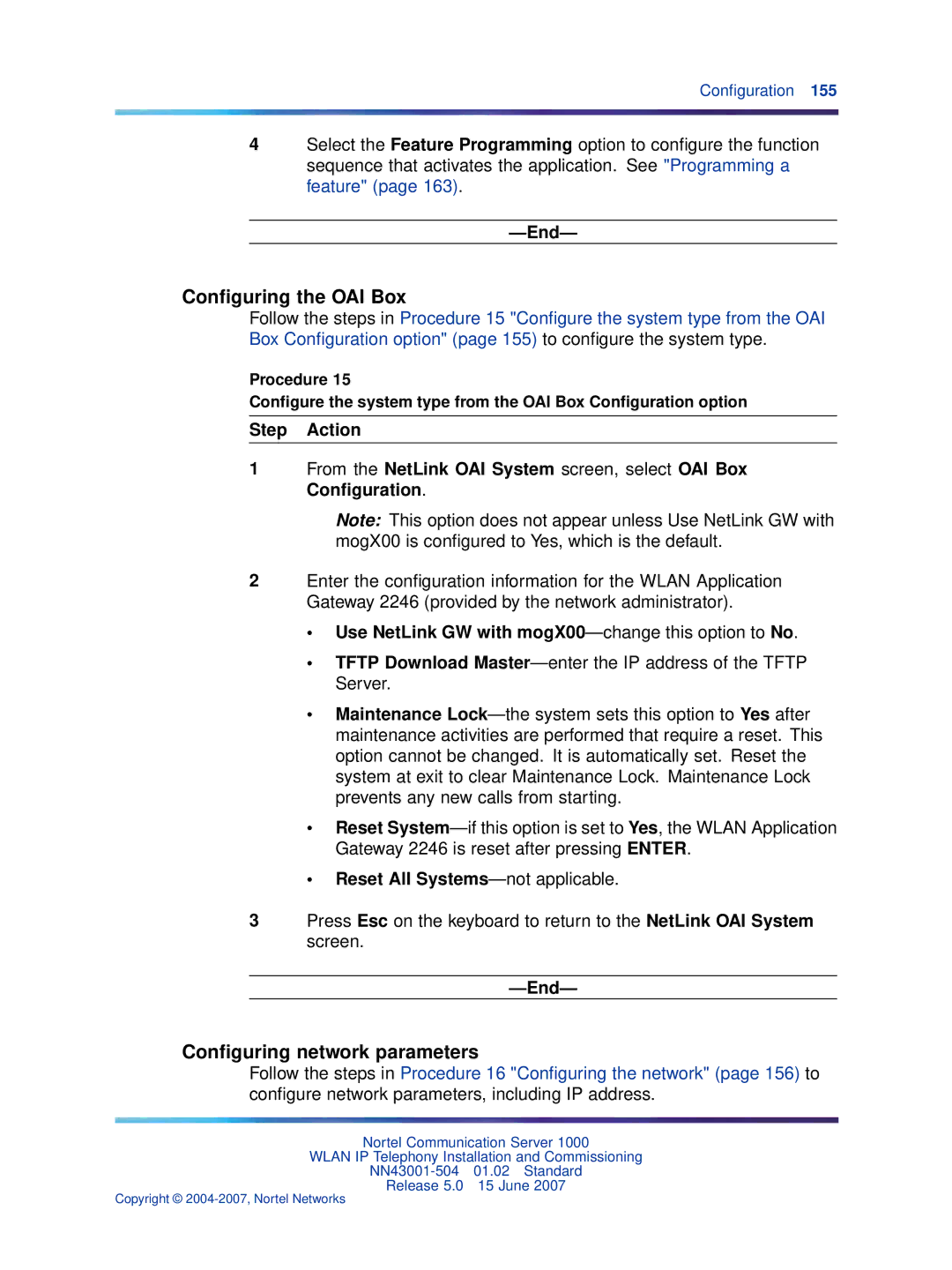 Nortel Networks NN43001-504 manual Conﬁguring the OAI Box, Conﬁguring network parameters 