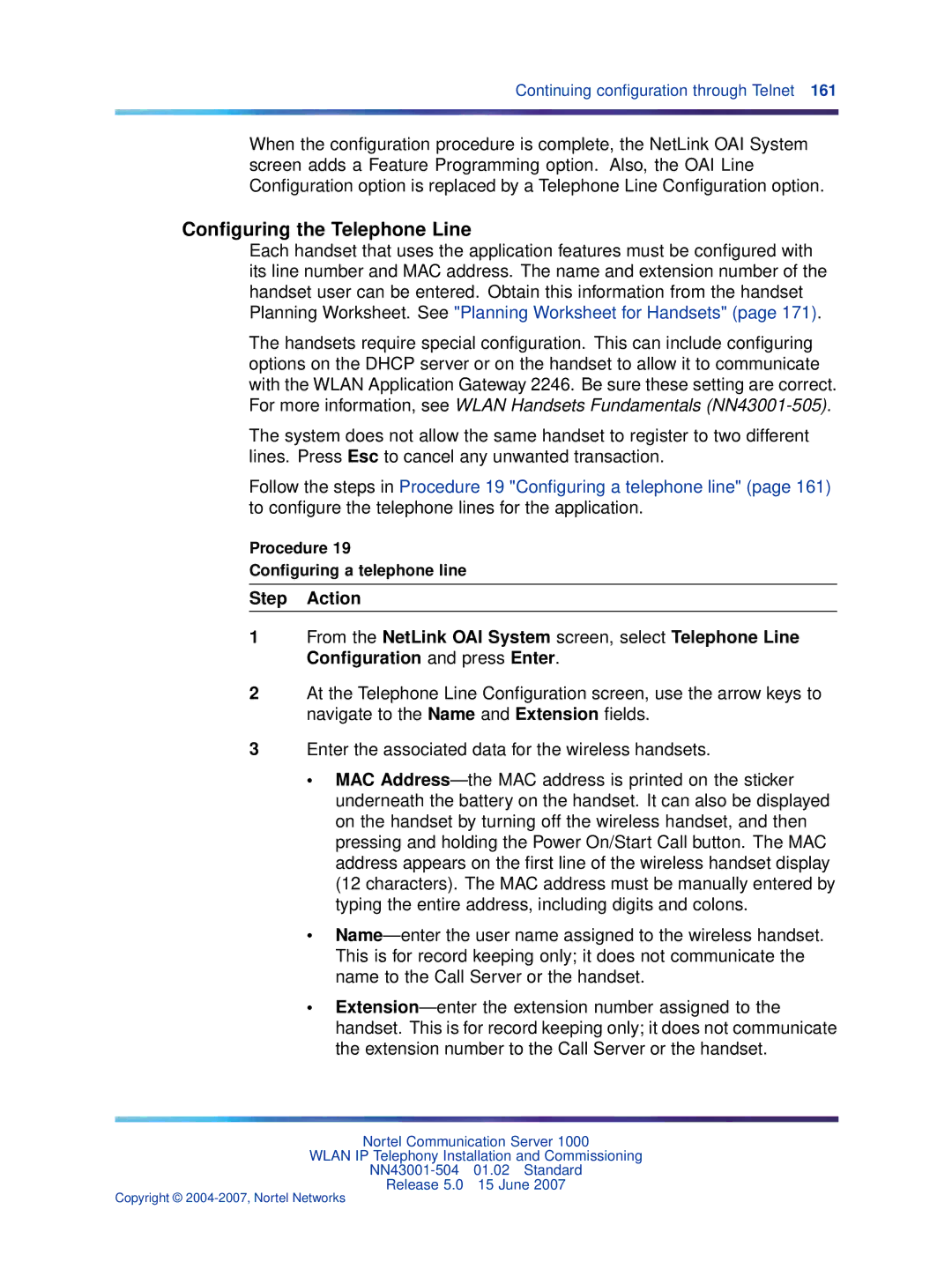 Nortel Networks NN43001-504 manual Conﬁguring the Telephone Line, Procedure Conﬁguring a telephone line 