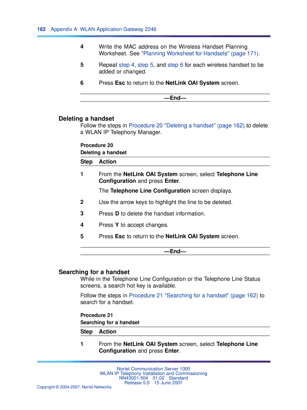 Nortel Networks NN43001-504 manual Procedure Deleting a handset, Procedure Searching for a handset 