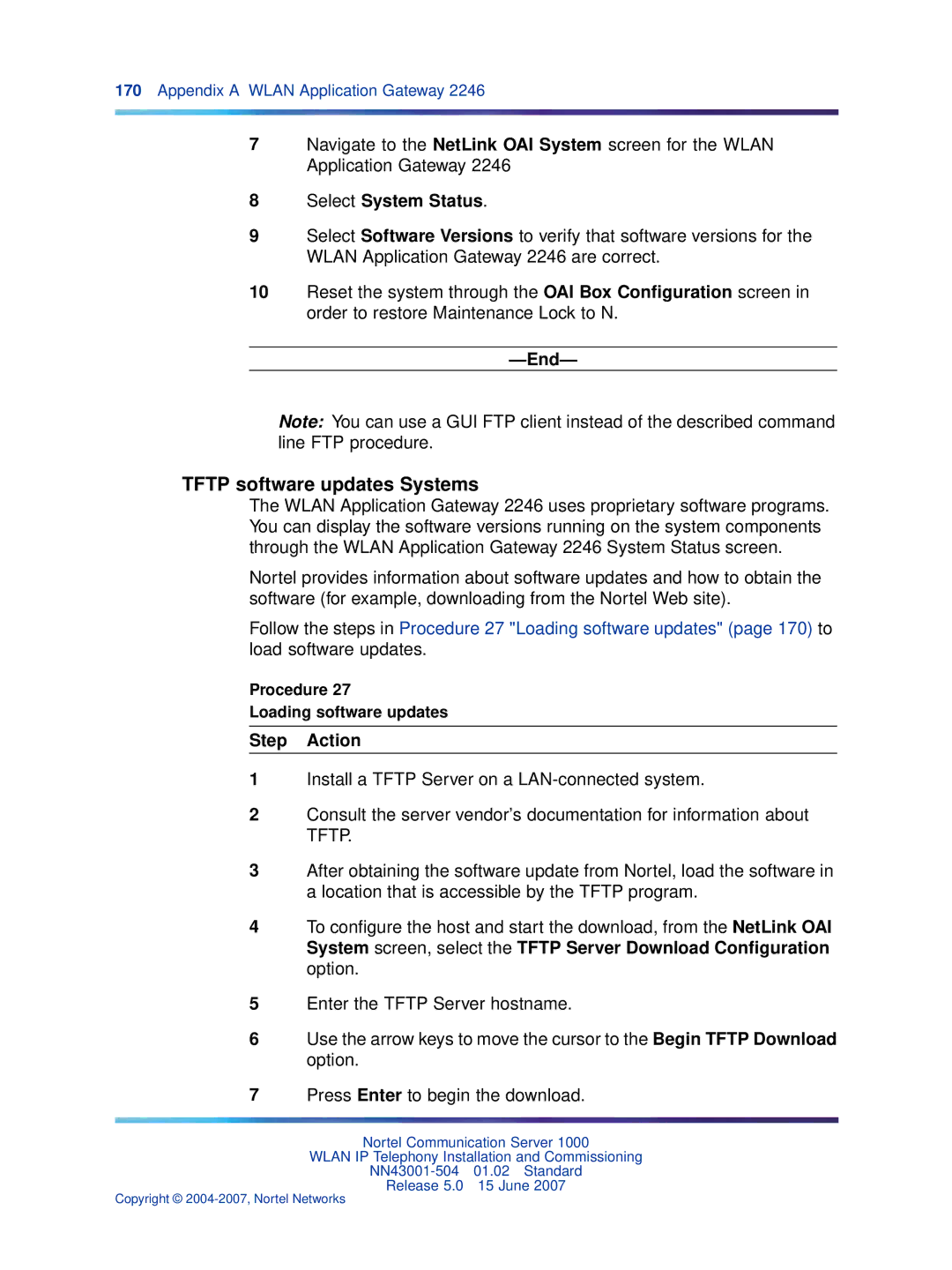 Nortel Networks NN43001-504 manual Tftp software updates Systems, Procedure Loading software updates 