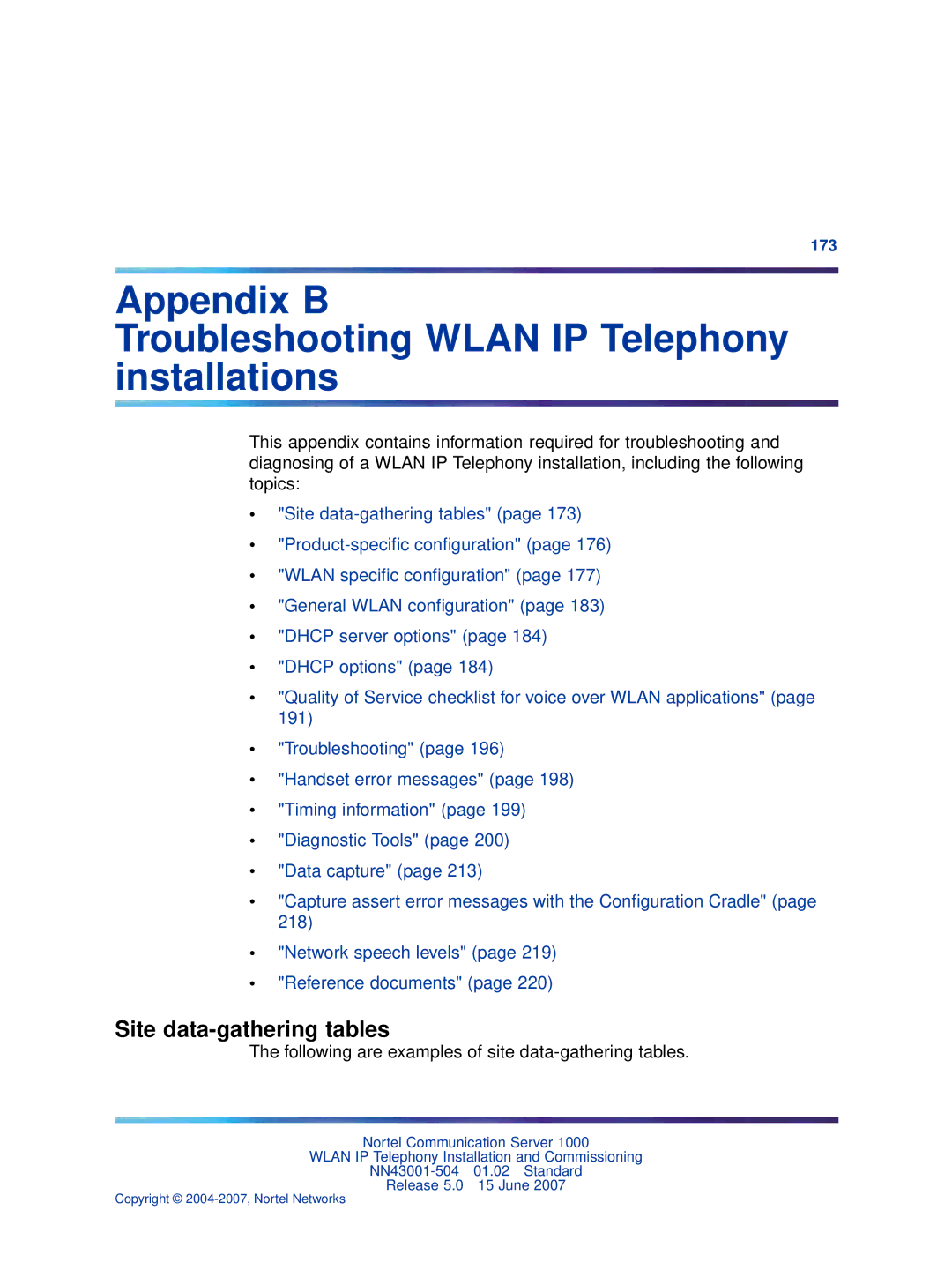 Nortel Networks NN43001-504 manual Appendix B Troubleshooting Wlan IP Telephony installations, Site data-gathering tables 