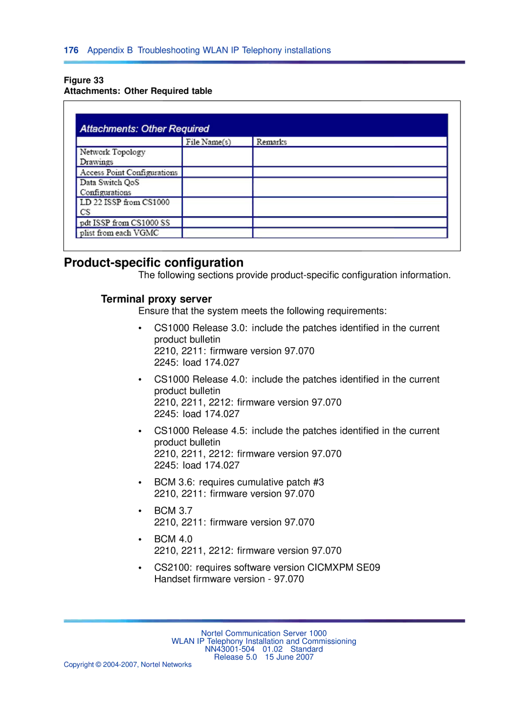 Nortel Networks NN43001-504 manual Product-speciﬁc conﬁguration, Terminal proxy server, Attachments Other Required table 