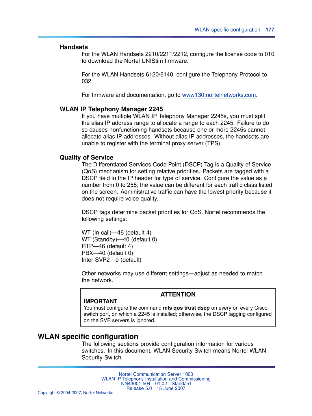 Nortel Networks NN43001-504 manual Wlan speciﬁc conﬁguration, Handsets, Wlan IP Telephony Manager 