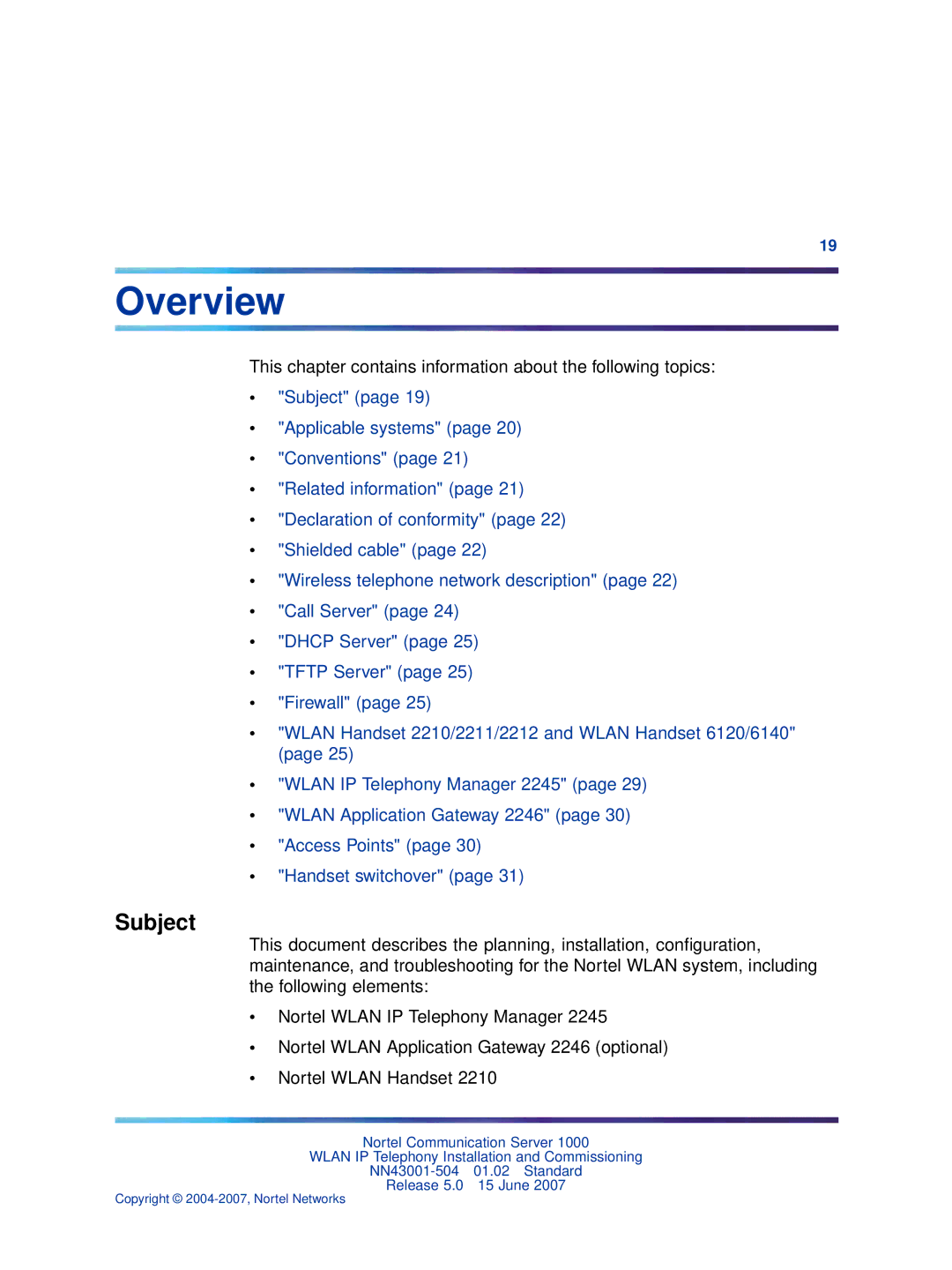 Nortel Networks NN43001-504 manual Overview, Subject 