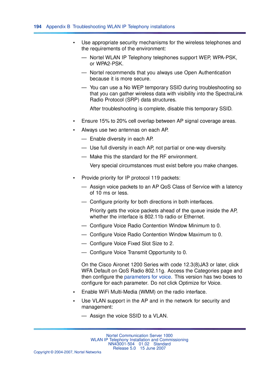 Nortel Networks NN43001-504 manual Appendix B Troubleshooting Wlan IP Telephony installations 