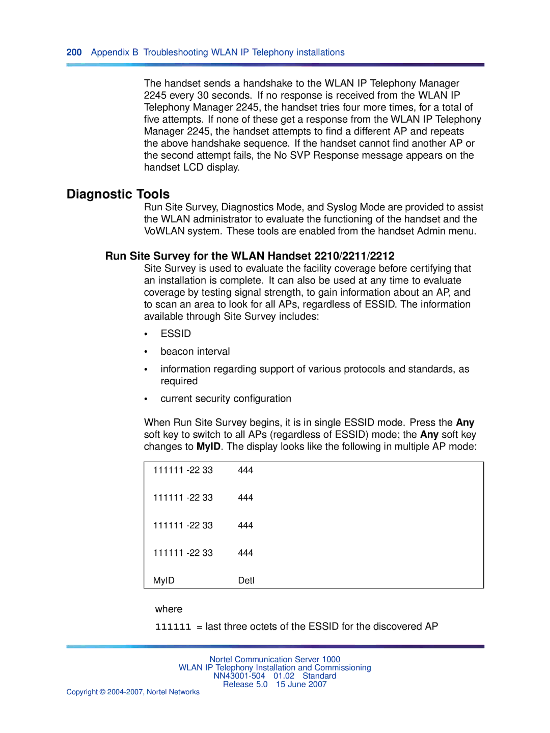 Nortel Networks NN43001-504 manual Diagnostic Tools, Run Site Survey for the Wlan Handset 2210/2211/2212 