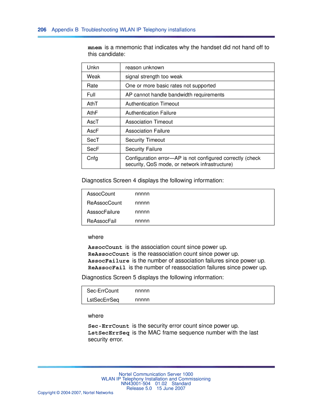 Nortel Networks NN43001-504 manual Diagnostics Screen 4 displays the following information 