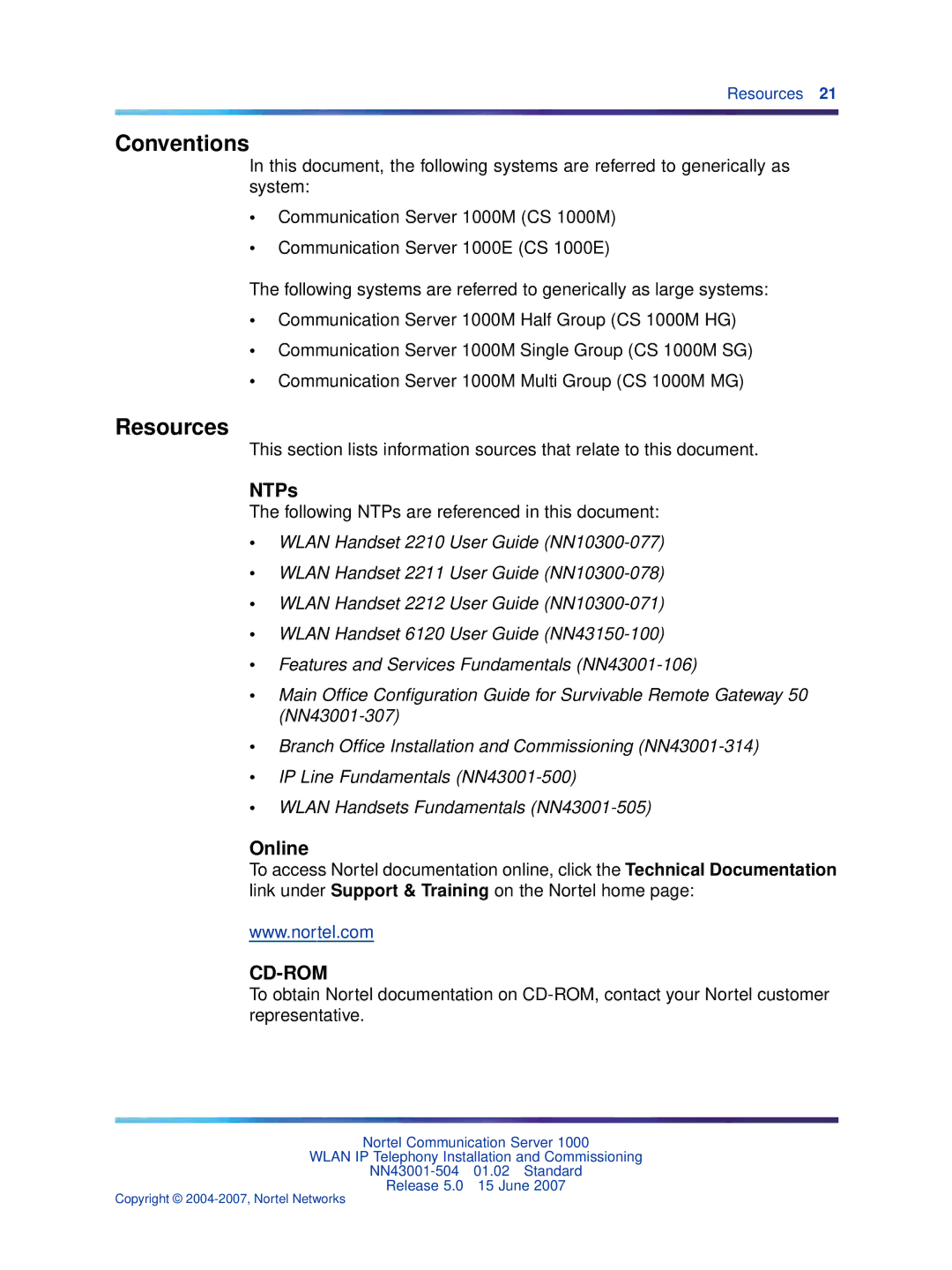 Nortel Networks NN43001-504 manual Conventions, Resources, NTPs, Online 