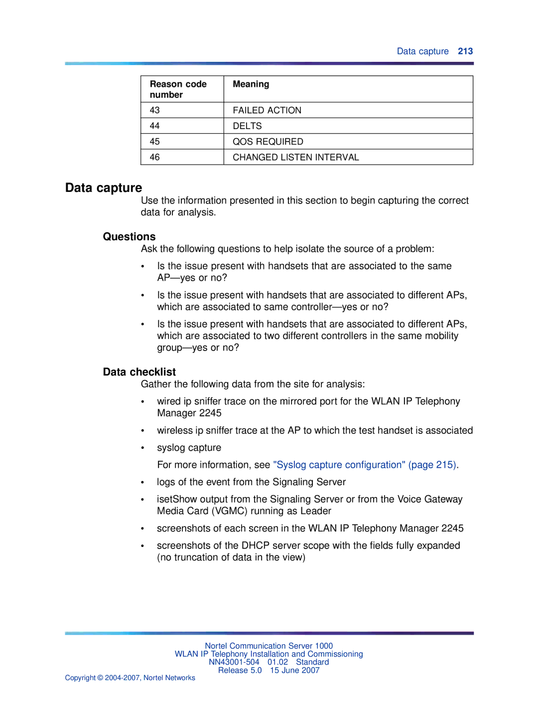 Nortel Networks NN43001-504 manual Data capture, Questions, Data checklist 