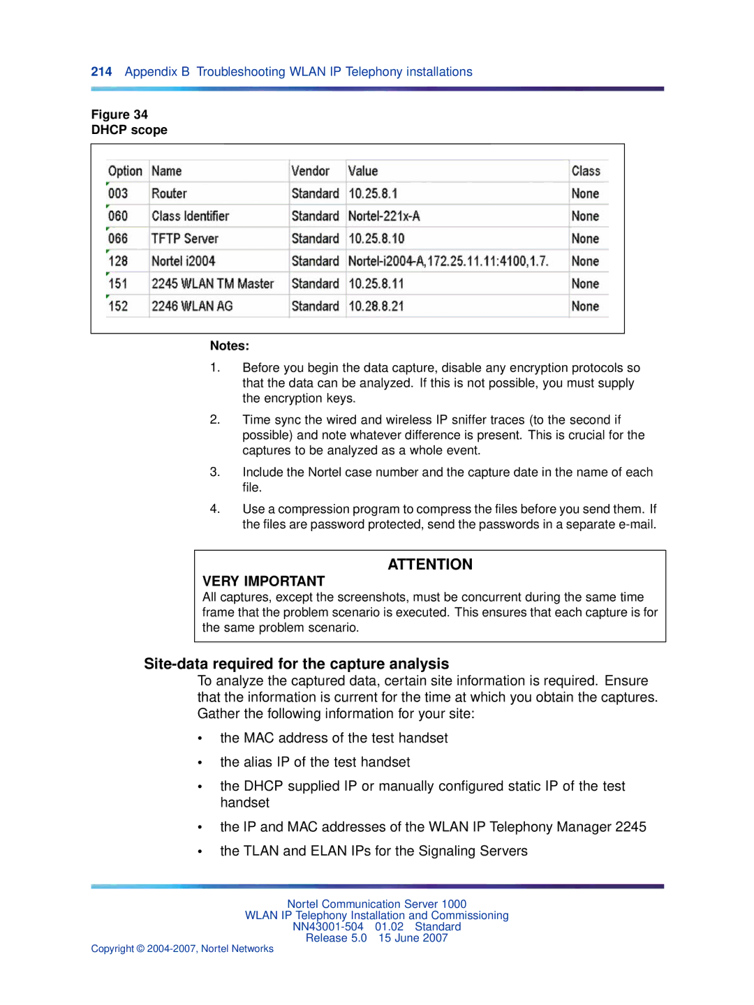 Nortel Networks NN43001-504 manual Site-data required for the capture analysis, Dhcp scope 