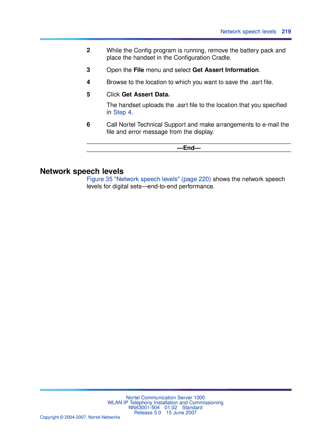 Nortel Networks NN43001-504 manual Network speech levels, Click Get Assert Data 