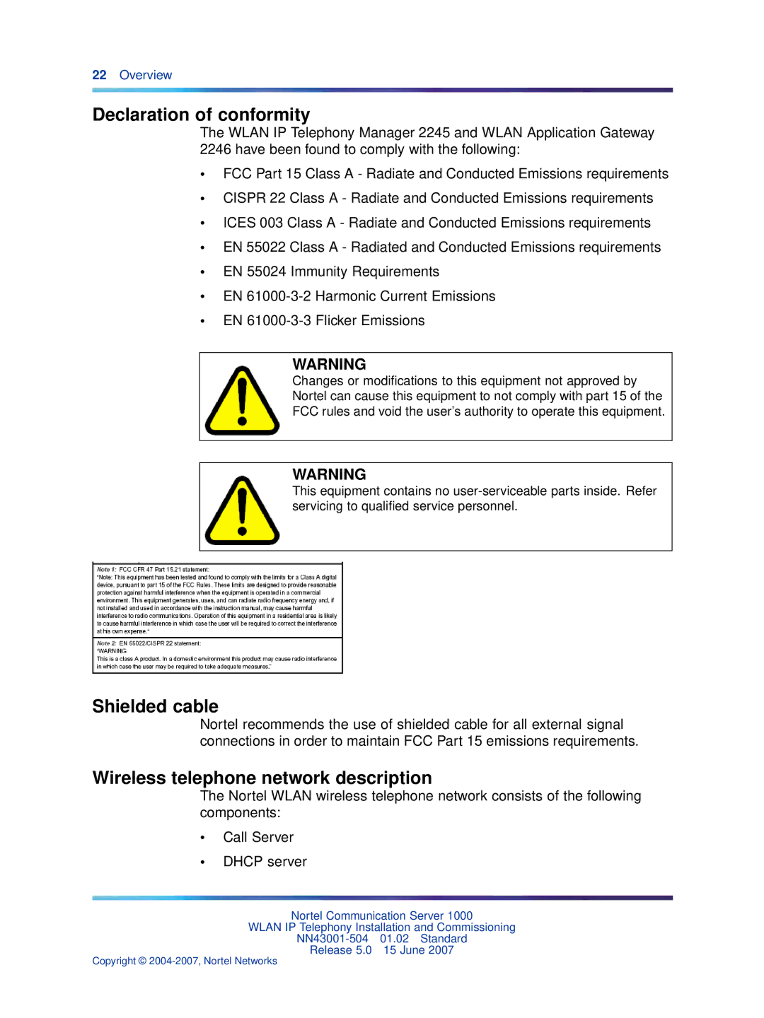 Nortel Networks NN43001-504 manual Declaration of conformity, Shielded cable, Wireless telephone network description 