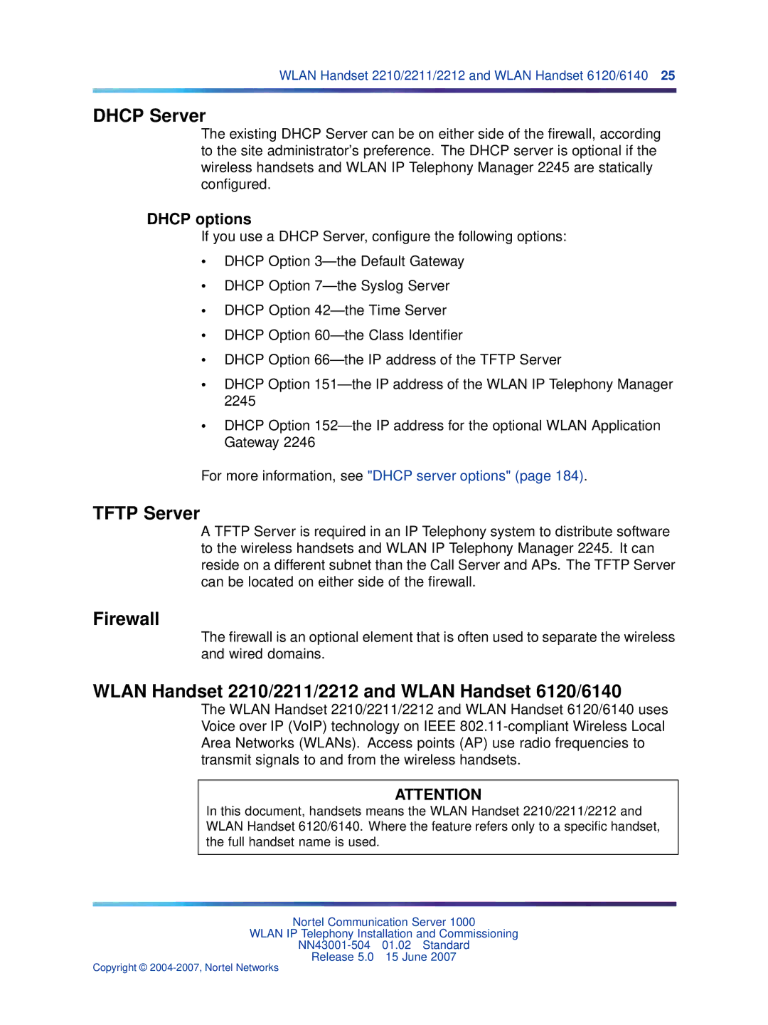 Nortel Networks NN43001-504 Dhcp Server, Tftp Server, Firewall, Wlan Handset 2210/2211/2212 and Wlan Handset 6120/6140 