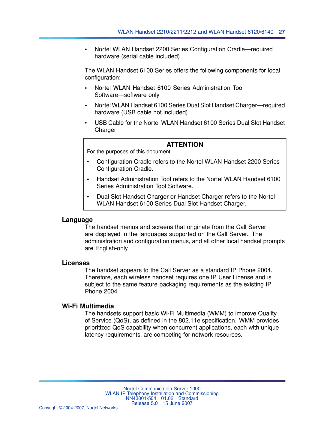 Nortel Networks NN43001-504 manual Language, Licenses, Wi-Fi Multimedia 