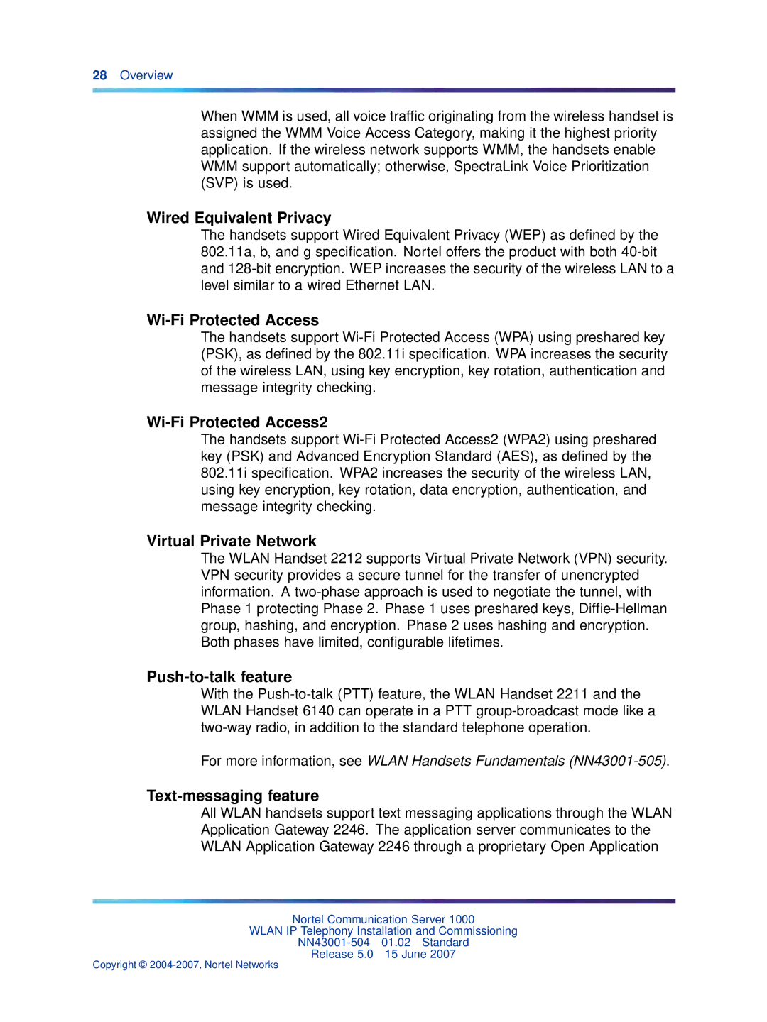 Nortel Networks NN43001-504 manual Wired Equivalent Privacy, Wi-Fi Protected Access2, Virtual Private Network 