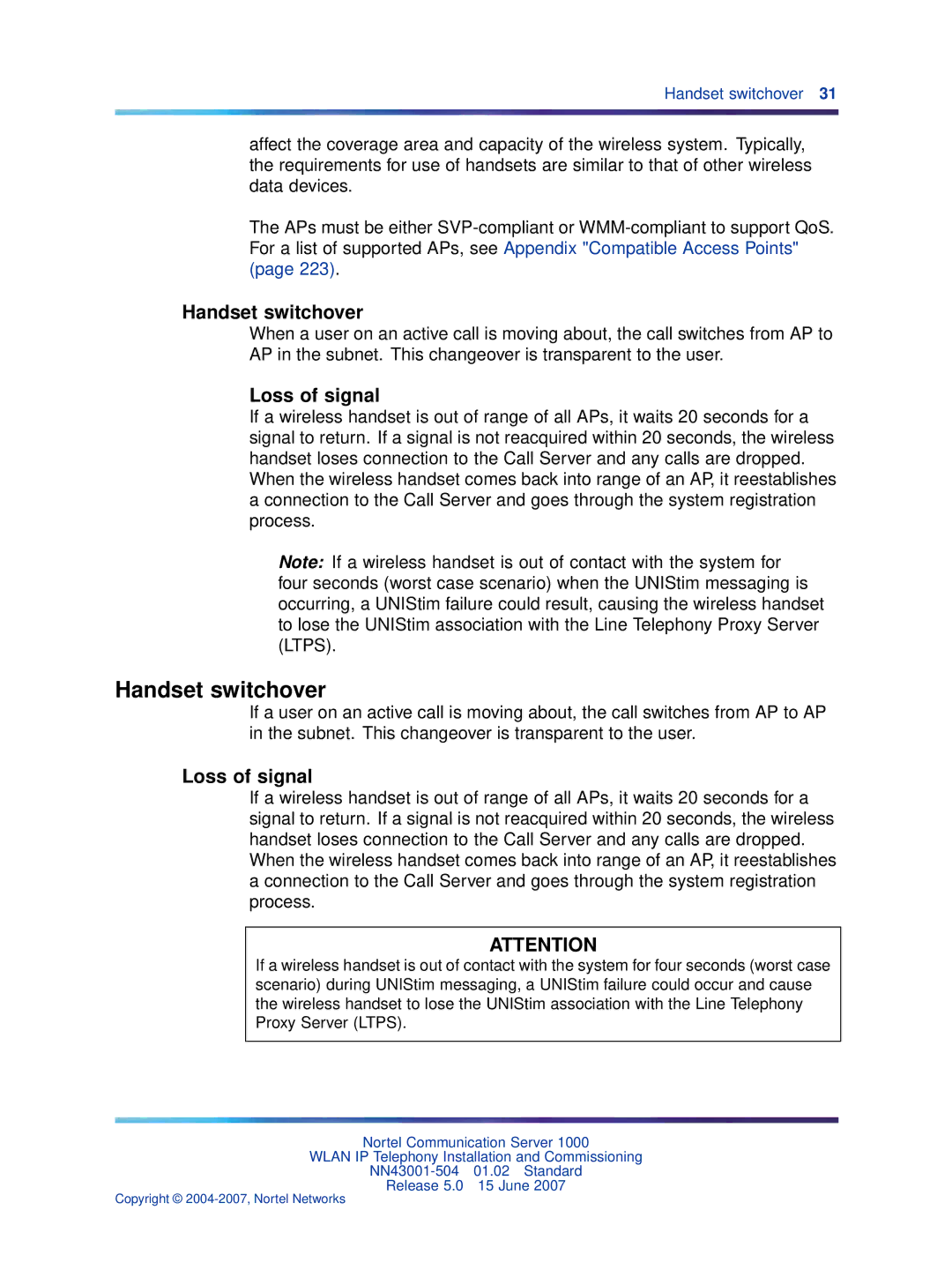 Nortel Networks NN43001-504 manual Handset switchover, Loss of signal 