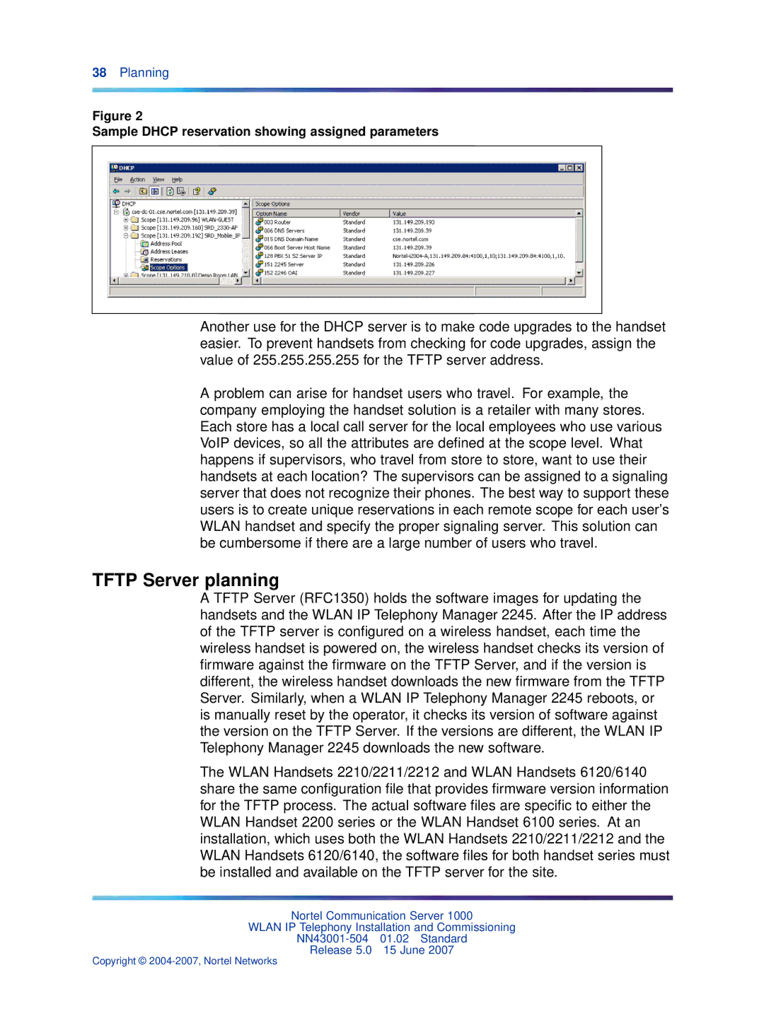 Nortel Networks NN43001-504 manual Tftp Server planning, Sample Dhcp reservation showing assigned parameters 