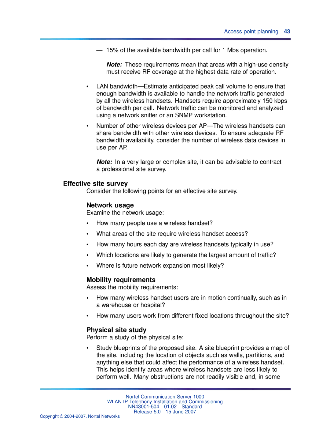 Nortel Networks NN43001-504 manual Effective site survey, Network usage, Mobility requirements, Physical site study 