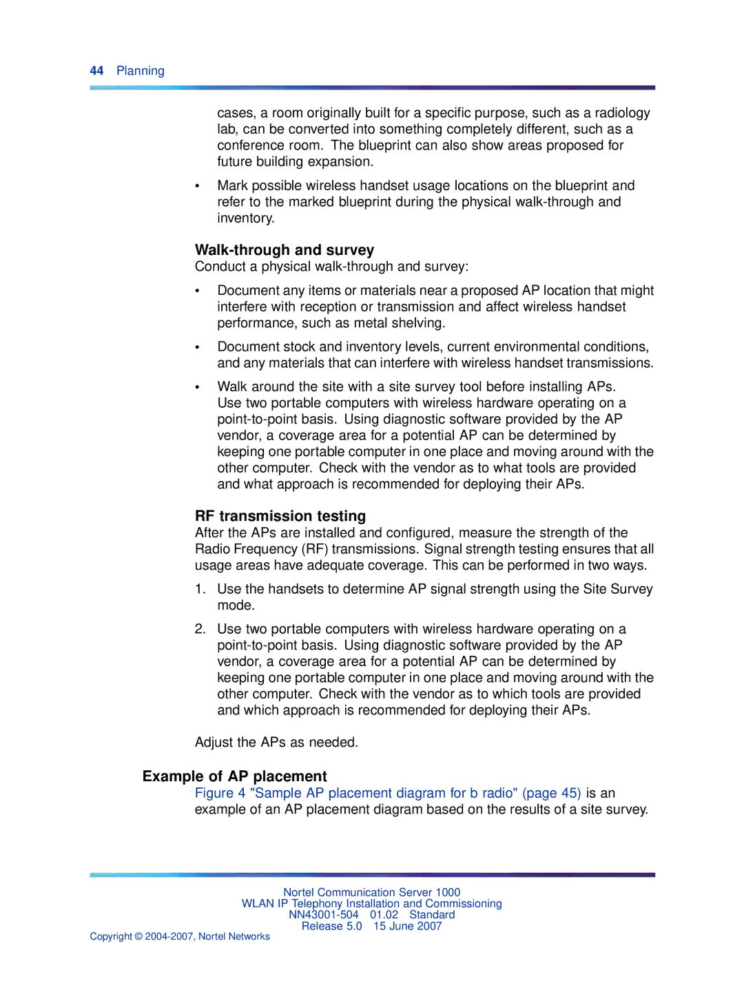 Nortel Networks NN43001-504 manual Walk-through and survey, RF transmission testing, Example of AP placement 