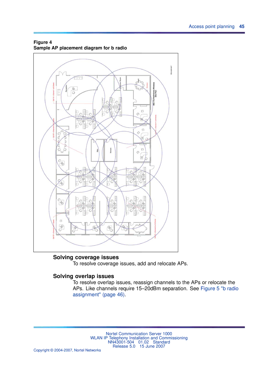 Nortel Networks NN43001-504 manual Solving coverage issues, Solving overlap issues, Sample AP placement diagram for b radio 