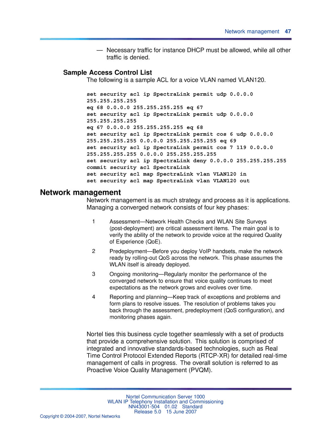 Nortel Networks NN43001-504 manual Network management, Sample Access Control List 