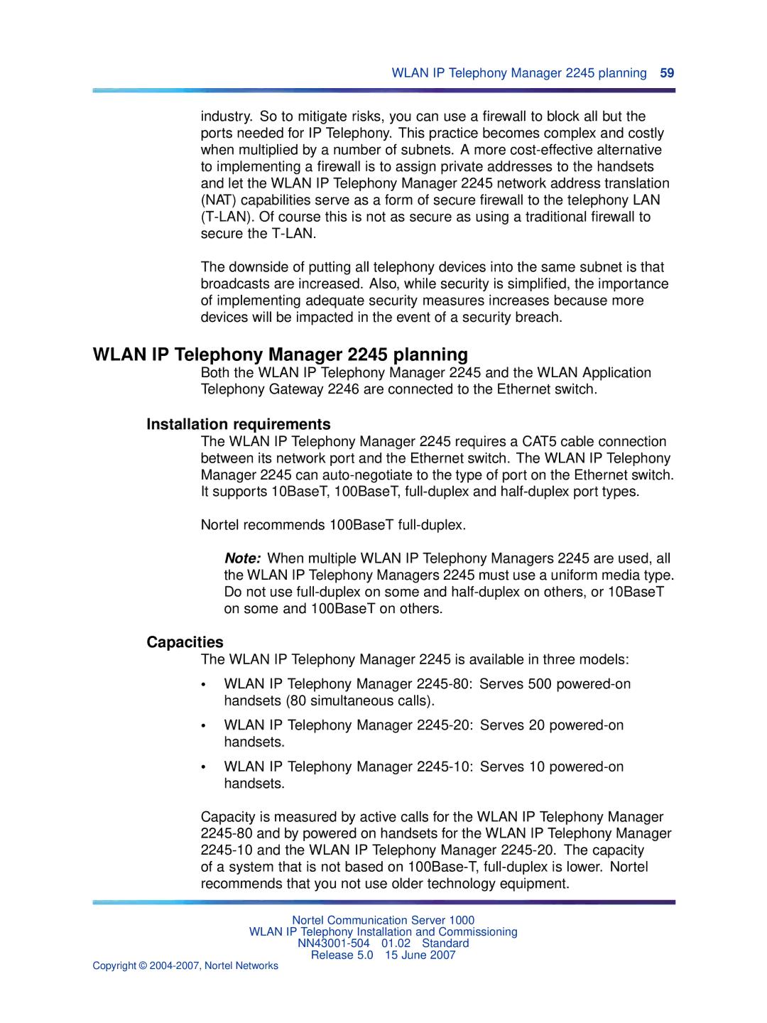 Nortel Networks NN43001-504 manual Wlan IP Telephony Manager 2245 planning, Installation requirements, Capacities 