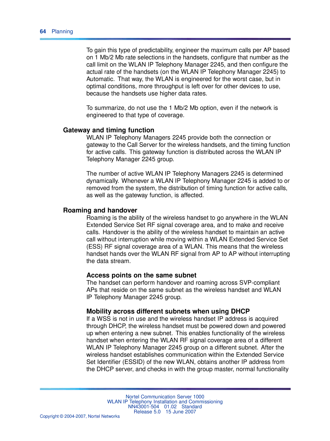 Nortel Networks NN43001-504 manual Gateway and timing function, Roaming and handover, Access points on the same subnet 