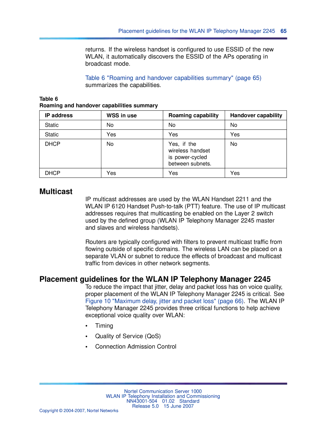 Nortel Networks NN43001-504 manual Multicast, Placement guidelines for the Wlan IP Telephony Manager 