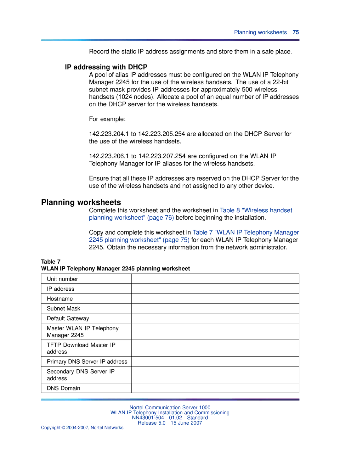 Nortel Networks NN43001-504 manual Planning worksheets, IP addressing with Dhcp 