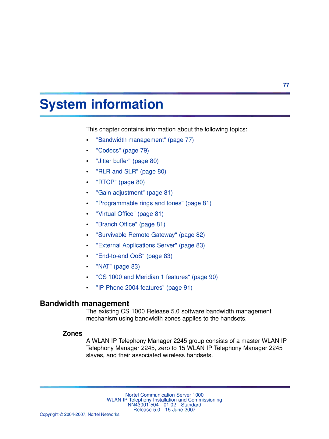 Nortel Networks NN43001-504 manual System information, Bandwidth management, Zones 