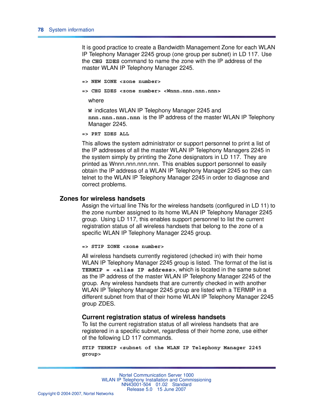 Nortel Networks NN43001-504 manual Zones for wireless handsets, Current registration status of wireless handsets 