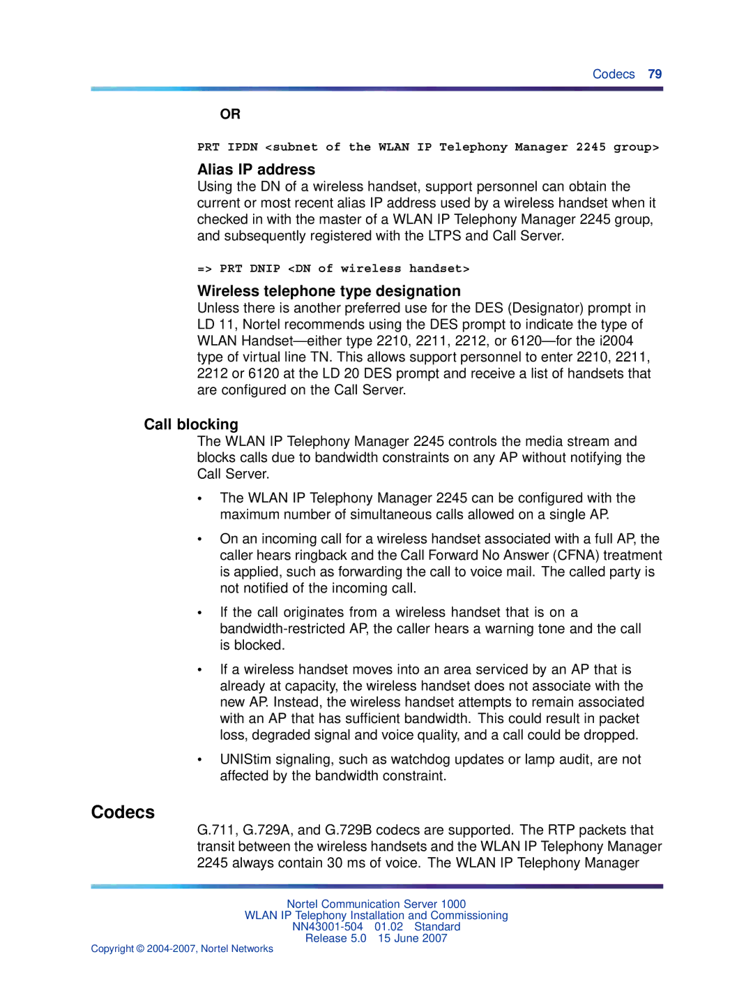 Nortel Networks NN43001-504 manual Codecs, Alias IP address, Wireless telephone type designation, Call blocking 