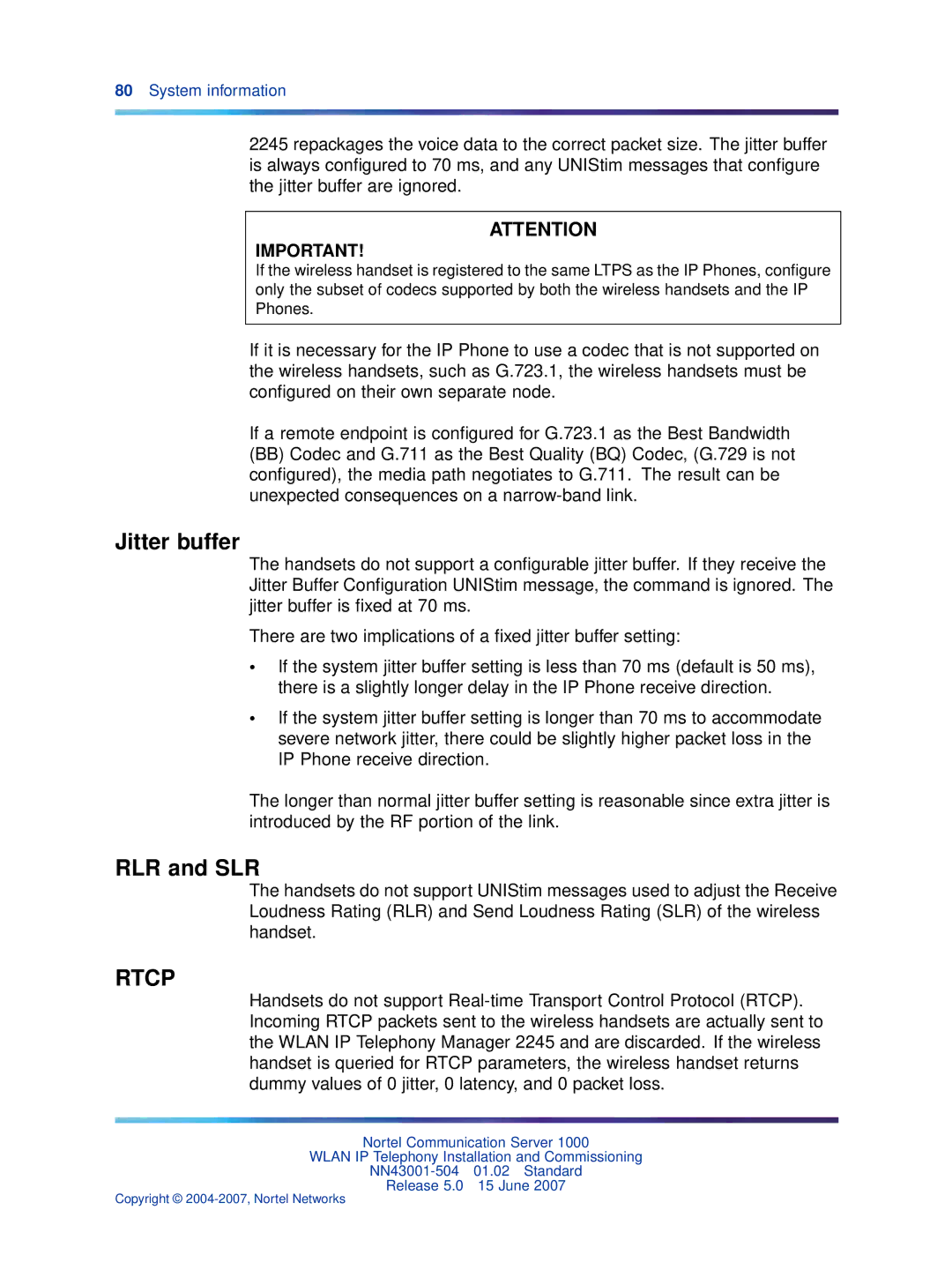 Nortel Networks NN43001-504 manual Jitter buffer, RLR and SLR 