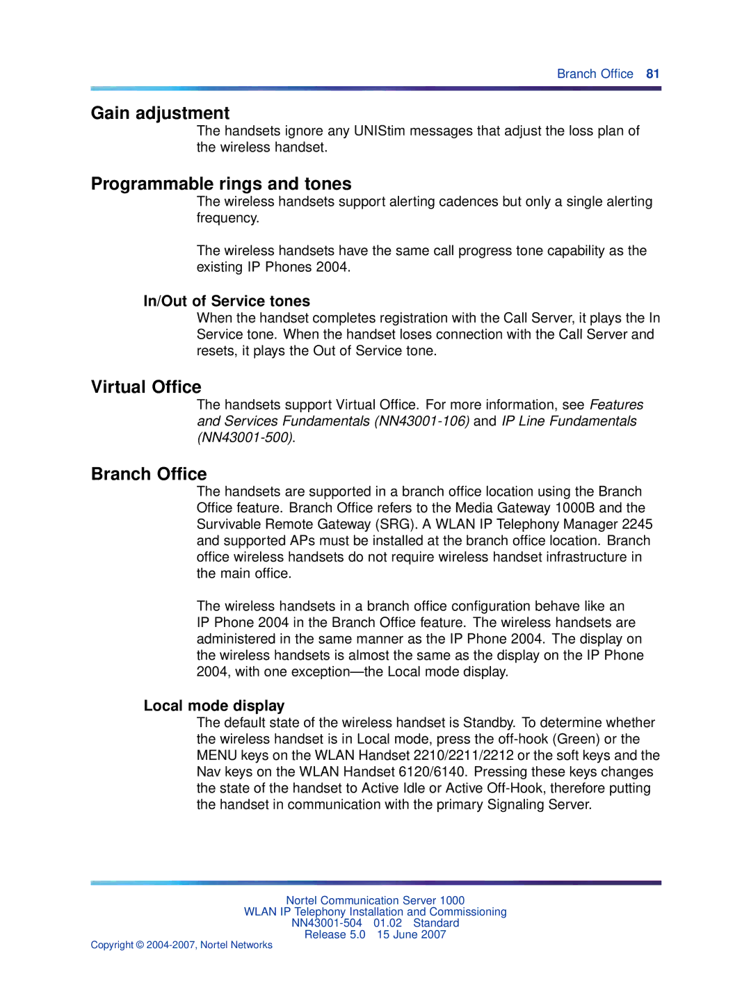 Nortel Networks NN43001-504 manual Gain adjustment, Programmable rings and tones, Virtual Ofﬁce, Branch Ofﬁce 