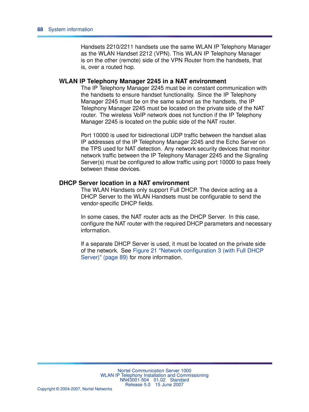 Nortel Networks NN43001-504 Wlan IP Telephony Manager 2245 in a NAT environment, Dhcp Server location in a NAT environment 