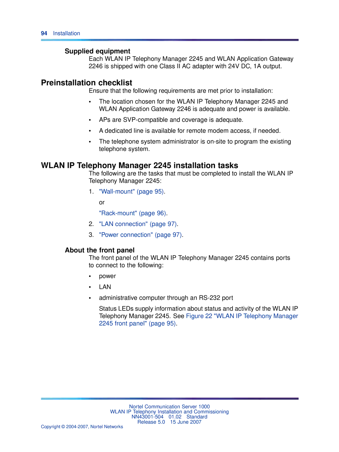 Nortel Networks NN43001-504 manual Preinstallation checklist, Wlan IP Telephony Manager 2245 installation tasks 