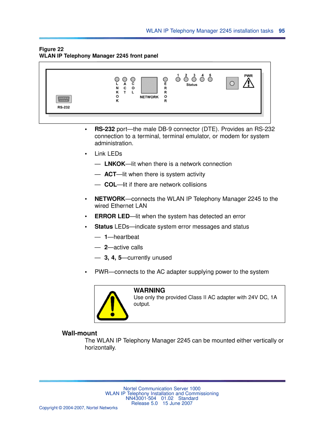 Nortel Networks NN43001-504 manual Wall-mount, Wlan IP Telephony Manager 2245 front panel 