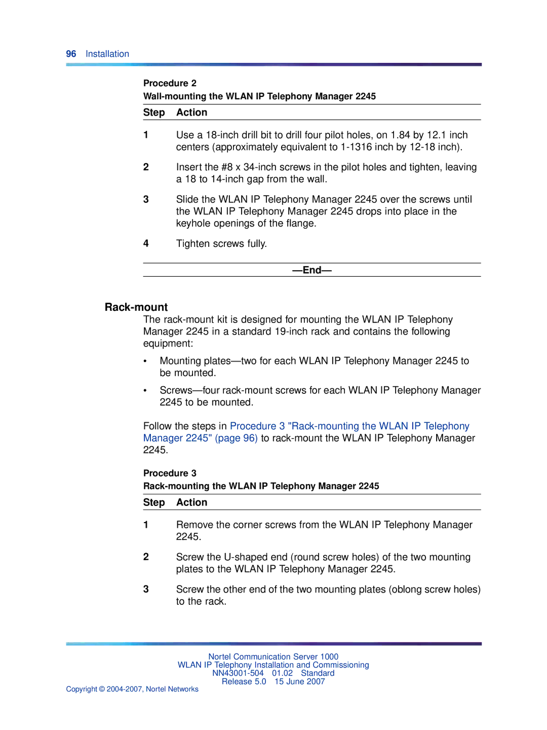 Nortel Networks NN43001-504 manual Rack-mount, Procedure Wall-mounting the Wlan IP Telephony Manager 