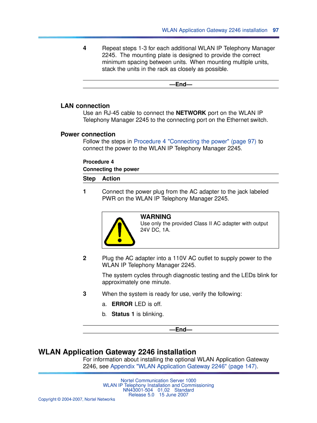 Nortel Networks NN43001-504 manual Wlan Application Gateway 2246 installation, LAN connection, Power connection 