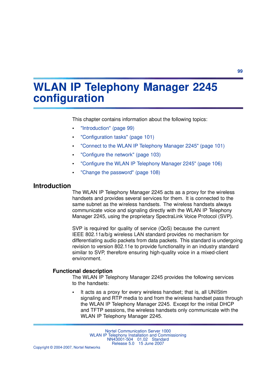 Nortel Networks NN43001-504 manual Wlan IP Telephony Manager 2245 conﬁguration, Introduction, Functional description 