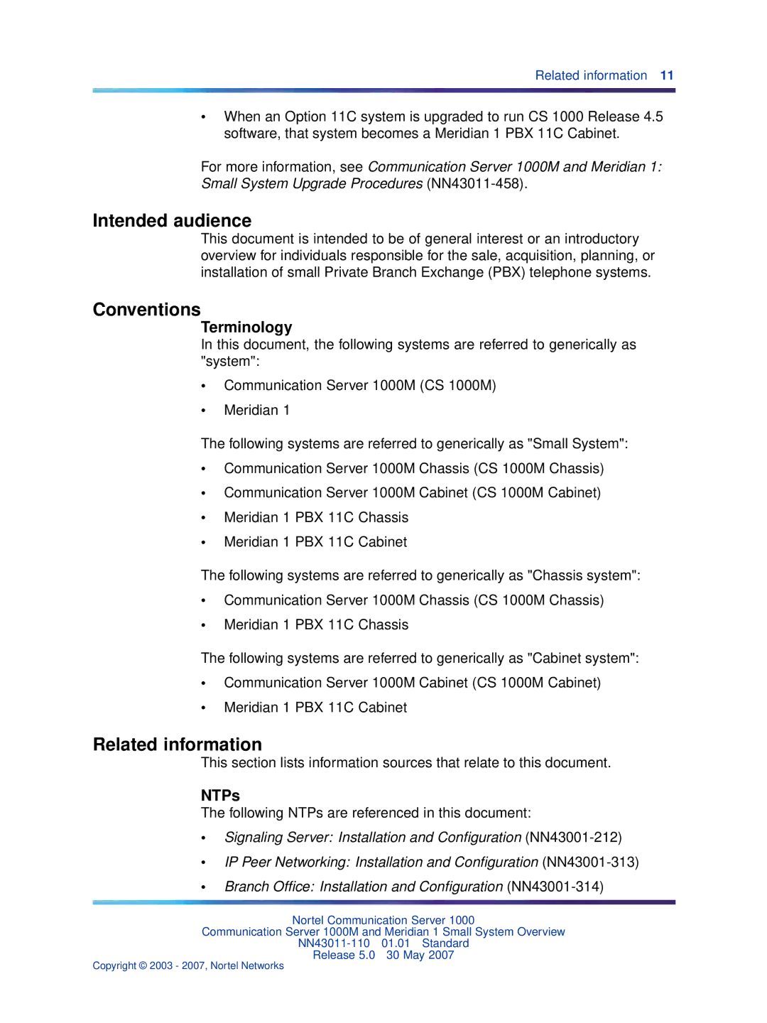 Nortel Networks NN43011-110 manual Intended audience, Conventions, Related information, Terminology, NTPs 