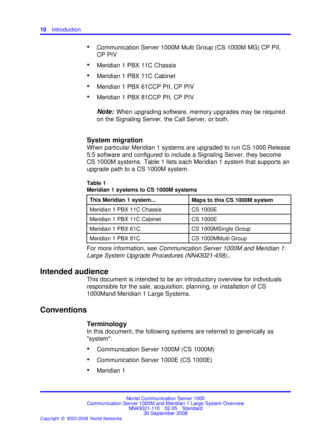 Nortel Networks NN43021-110 manual Intended audience, Conventions, System migration, Terminology 