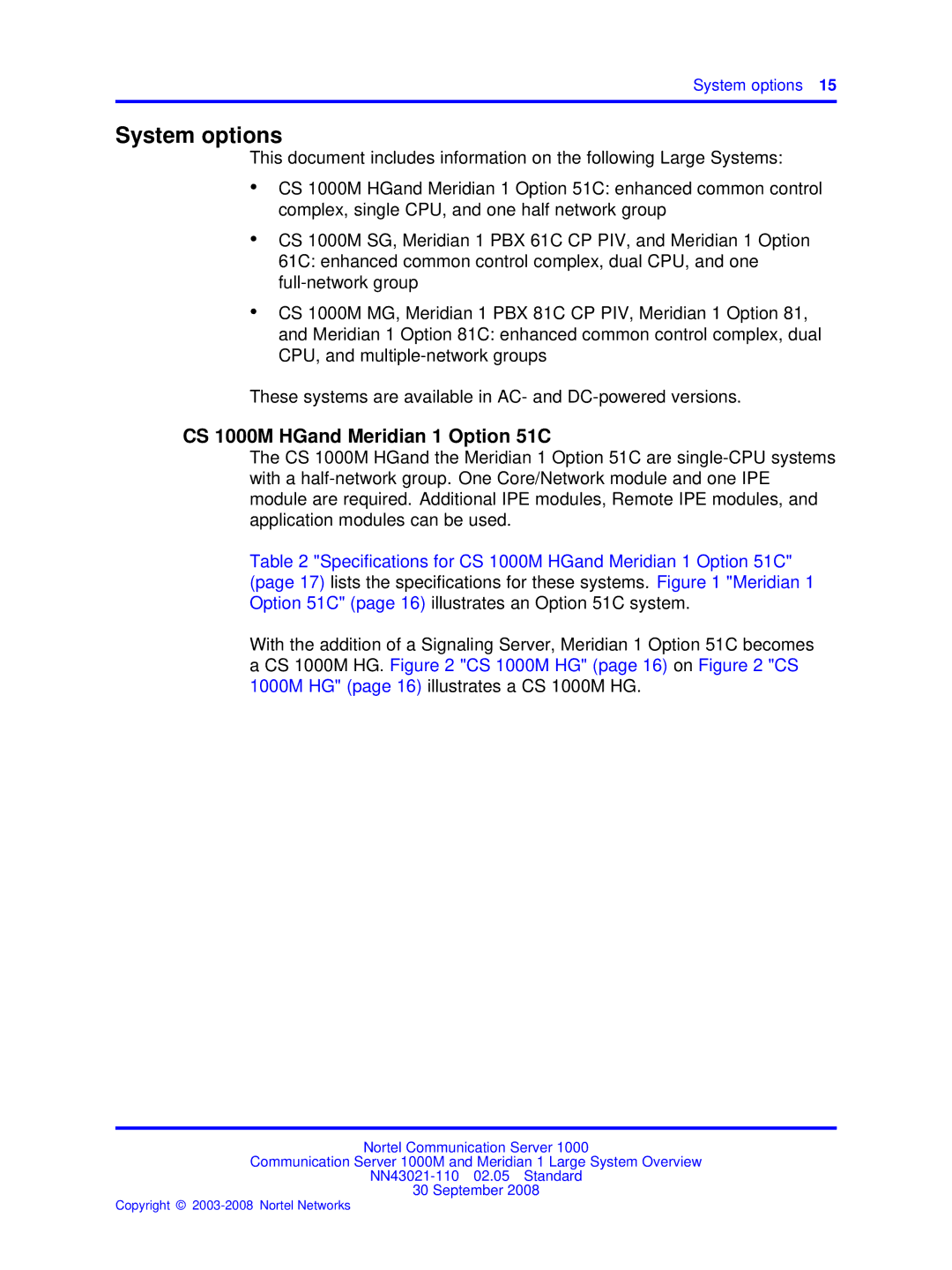 Nortel Networks NN43021-110 manual System options, CS 1000M HGand Meridian 1 Option 51C 