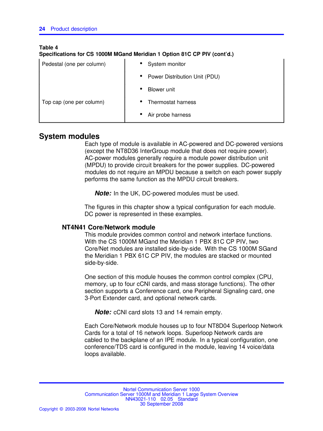 Nortel Networks NN43021-110 manual System modules, NT4N41 Core/Network module 