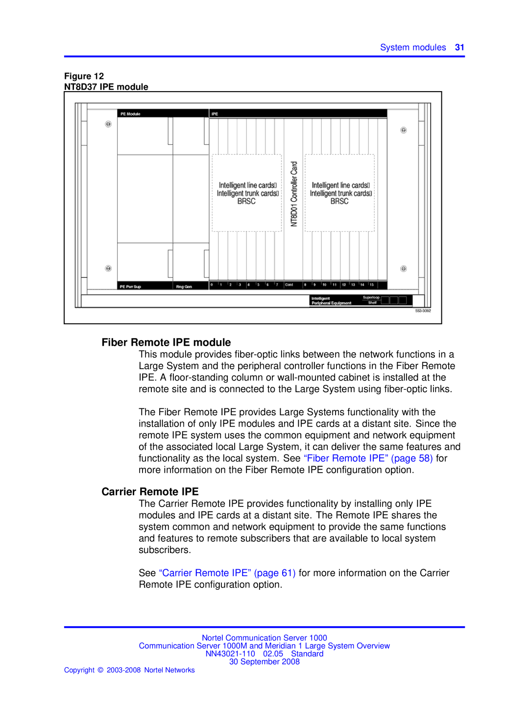 Nortel Networks NN43021-110 manual Fiber Remote IPE module, Carrier Remote IPE 