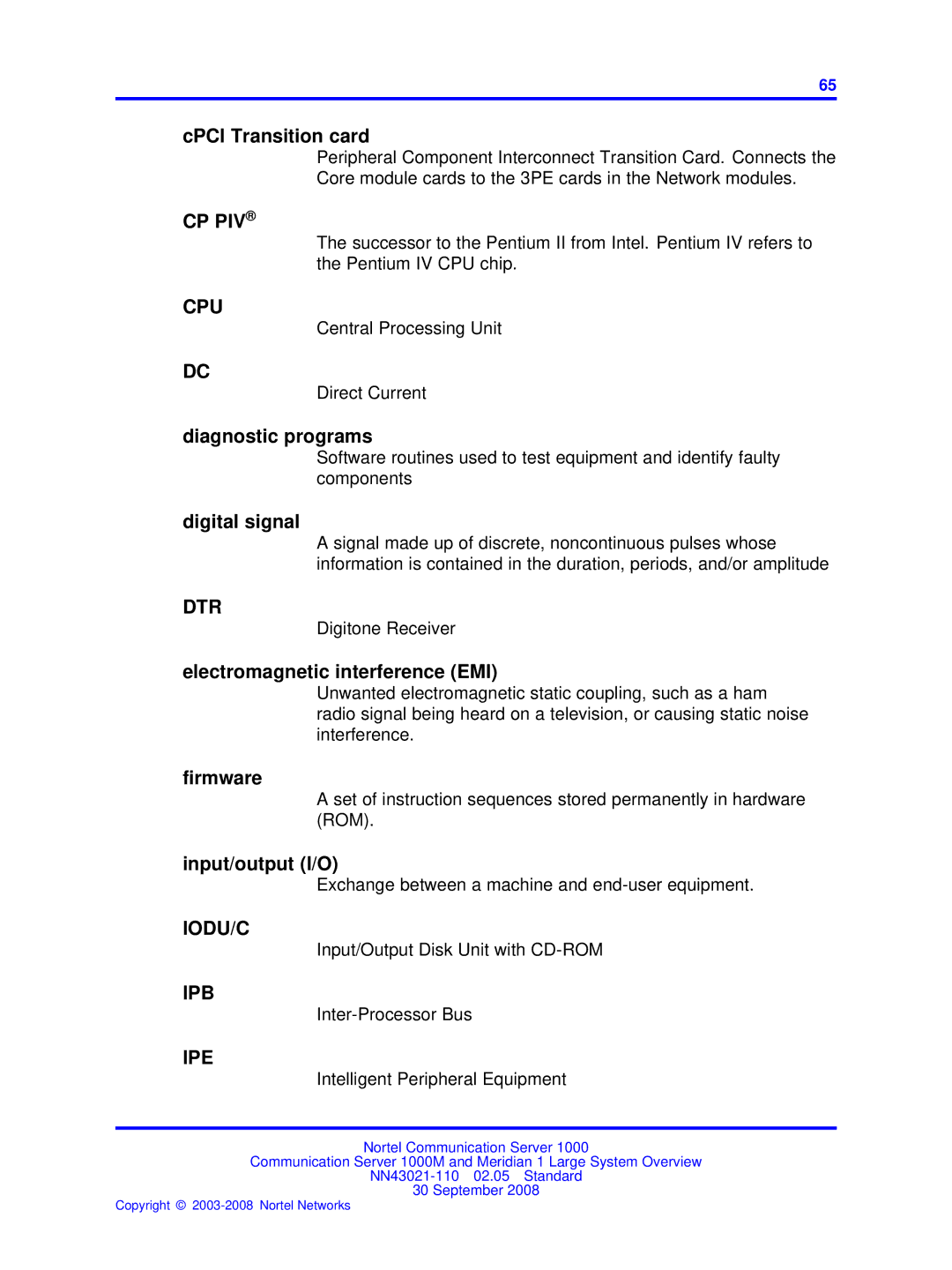 Nortel Networks NN43021-110 CPCI Transition card, Diagnostic programs, Digital signal, Electromagnetic interference EMI 