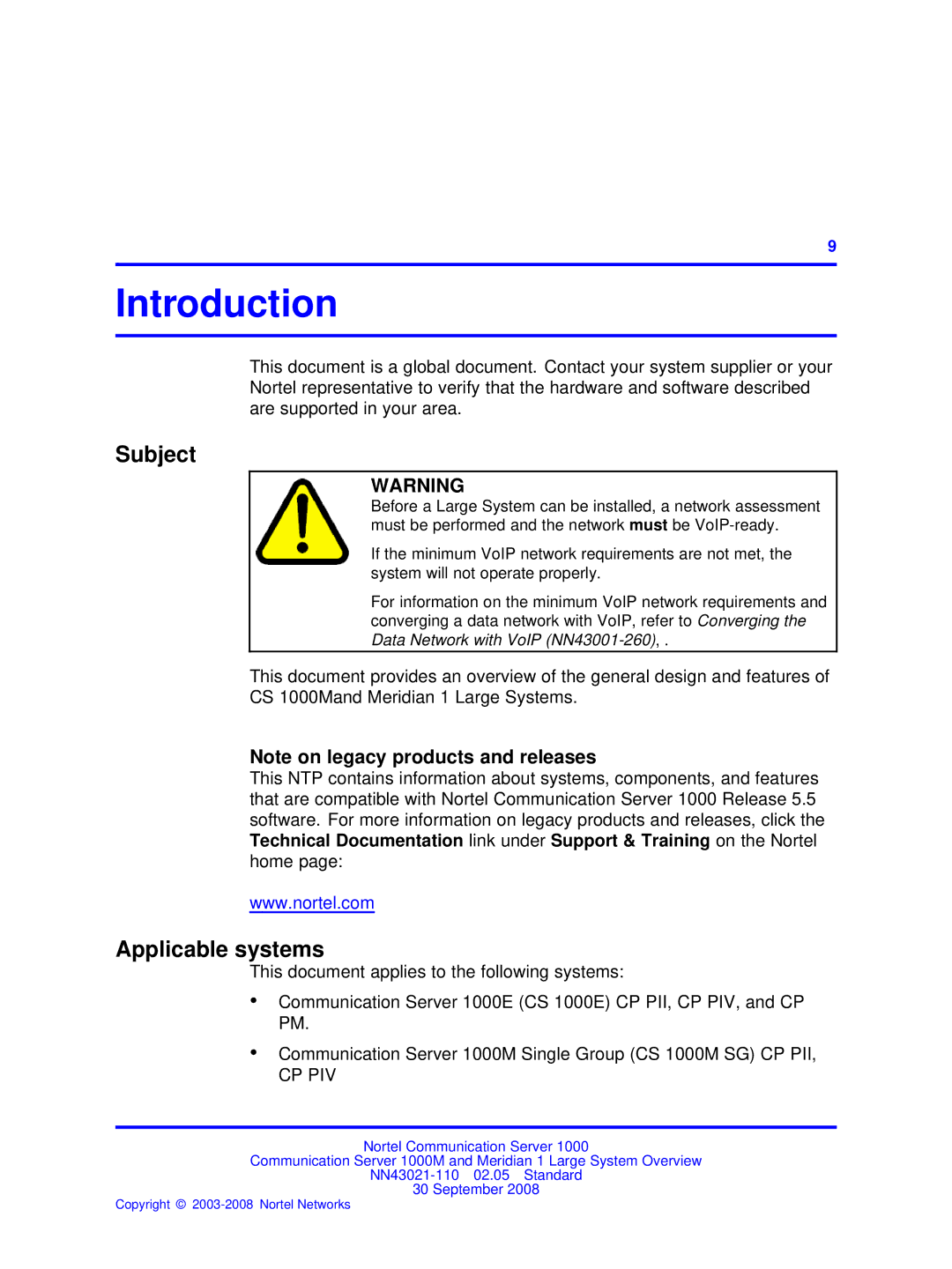 Nortel Networks NN43021-110 manual Subject, Applicable systems 