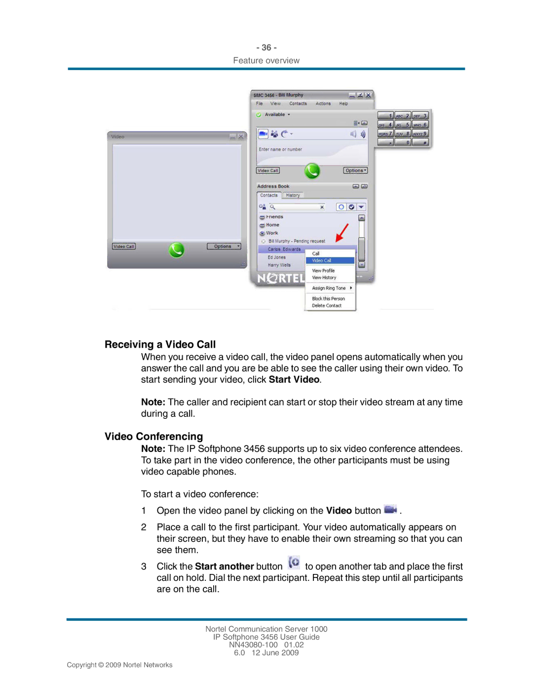 Nortel Networks NN43080-100, 3456 manual Receiving a Video Call, Video Conferencing 