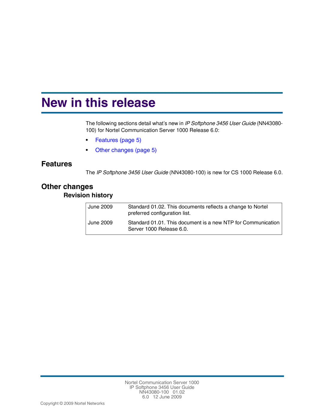 Nortel Networks 3456, NN43080-100 manual Features, Other changes, Revision history 